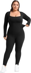 Best Women Seamless Ribbed Full Length <b>Bodysuit</b> <b>Square</b> <b>Neck</b> High Waist Plus Size Activewear Set Black Long Sleeve Stretchy Fit - Product Image 6