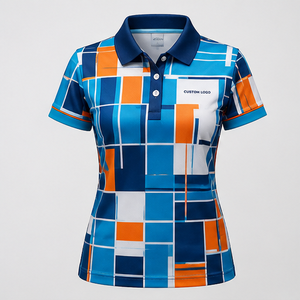 Custom Blue <b>Orange</b> White Mosaic Grid Womens <b>Polo</b> Shirt Quick Dry Breathable Short Sleeve Golf Team Uniform WPS-0771 - Product Image 1