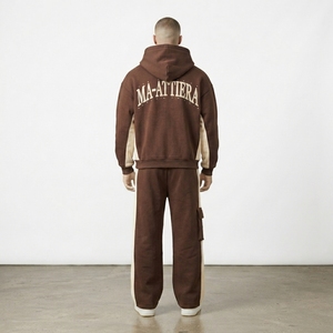 Ensemble sweat à capuche et pantalon cargo marron bicolore zippé pour homme, style streetwear oversize - Product Image 4
