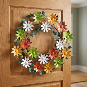 Corona de Flores de Margarita Metálica Colorida, Flores Multicolores Pintadas a Mano, Elegante Decoración de Pared para la Puerta Principal de Primavera - Product Image 4