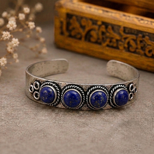 Natural Lapis Lazuli Four Stone Wide <b>Cuff</b> Bangle Handmade <b>Silver</b>/Gold Brass Unisex Statement Jewelry Vintage Heritage Design - Product Image 6