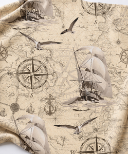 Vintage Nautical Cotton Highland Voyager Cambric Fabric Water Resistant Woven Sea <b>Map</b> Print Compass Sailboat Textile Garment - Product Image 1