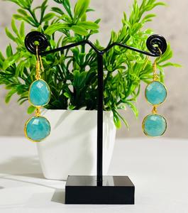 Boucles d'oreilles en calcédoine aqua naturelle, plaquées or, serties de pierres, bijoux de mode indiens de luxe pour femmes, mariage nuptial - Product Image 1