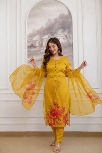 Women's Yellow Floral Printed <b>Kurta</b> Set With Dupatta Casual Wear Traditional <b>Indian</b> Pakistani Style Ankle-Length Polyester Dress - Product Image 2