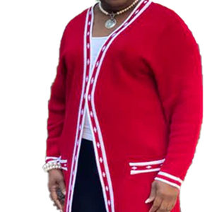 Red White Long <b>Duster</b> Cardigan Winter Wool/Cashmere for Sorority Knit Sweater Open Front V Neck Classic Contrast - Product Image 6