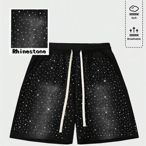 Custom Rhinestone Shorts Heavyweight 380GSM Cotton Fleece High-Fixation Glass Crystals Wholesale Manufacturer - Product Image 1