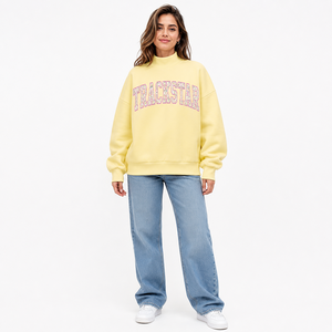Butter Yellow Floral Trackstar Women's Mock Neck Sweatshirt Varsity Letter Custom Logo OEM Private Label Wholesale Pullover <b>Top</b> - Product Image 1