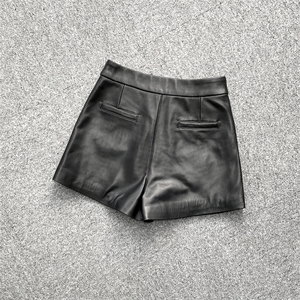 High Waist Woven Leather Shorts Unisex Moto Biker Style Button Fly Black Geometric Pattern Short Shorts - Product Image 2