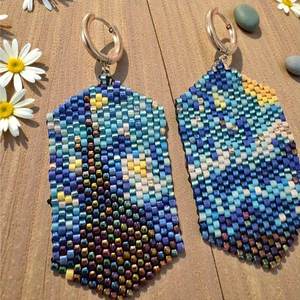 Pendientes de aro con cuentas de mosaico azul, joyería geométrica hecha a mano con flecos, accesorios de moda bohemios para mujeres y niñas, elegantes - Product Image 6