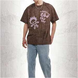 เสื้อยืดโอเวอร์ไซส์สีน้ำตาลลายกรดสำหรับผู้ชาย พิมพ์ลายโครงกระดูกการ์ตูน สไตล์สตรีท แขนสั้น คอกลม ผ้าฝ้าย - Product Image 4