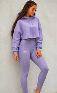 Ensemble de survêtement 2 pièces pour femmes, haut court à capuche et leggings, tenue de sport unie violette - Product Image 4