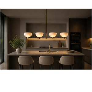 Lustre linéaire en laiton de style moderne du milieu du siècle, 4 lumières, pour îlot de cuisine, suspension minimaliste avec abat-jour en forme de bol, luminaire de plafond - Product Image 2