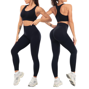 Ensemble de yoga sans couture noir pour femme, soutien-gorge de sport, leggings taille haute, 3 pièces, tenue de sport, haut court dos nageur longueur intégrale - Product Image 1