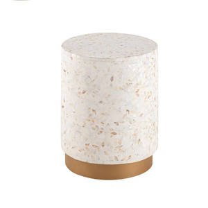 Taburetes cilíndricos con base dorada y concha floral, mesa auxiliar pequeña de mosaico artesanal de nácar para decoración de sala de estar y dormitorio - Product Image 1