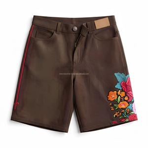 Pantalones cortos casuales bordados para hombre, color marrón, cintura alta, cierre de cremallera, diseño floral, estilo veraniego, pantalones cortos de mezclilla con diseño de flores bordadas - Product Image 2