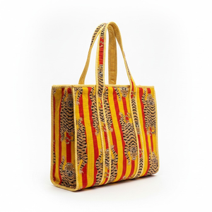 Sac à bandoulière matelassé en coton avec fermeture éclair, style ethnique indien, imprimé tigre jaune et rouge, fait main, pour femme, vente en gros - Product Image 1