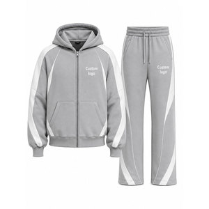 Custom Logo Gray White Color Blocking Tracksuit 100% Set Full <b>Zip</b> <b>Hooded</b> 450 Gsm Sweatshirt Pants - Product Image 1
