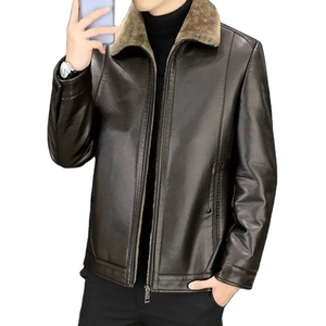 Veste en cuir pour homme avec doublure en polaire épaisse, veste de loisirs professionnelle, haut chaud, automne hiver, noir brun - Product Image 5