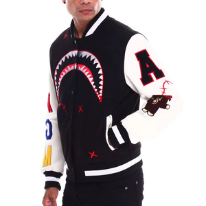<b>Men's</b> Black <b>White</b> Varsity <b>Jacket</b> Shark Mouth Embroidery Patch Design Streetwear Turn-down Collar Regular Fit Autumn Wear - Product Image 6