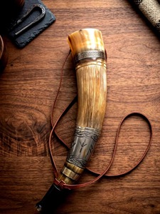 ILAHI's Eco-Friendly Polished Viking Blowing Horn Natural Buffalo Horn Leather Straps Feng Shui Religious Style Home Decoration - Product Image 1