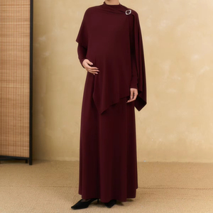 Vestido Midi de Punto Borgoña de Verano con Cuello Alto, Manga Regular, Rayas y Botones, Estilo Minimalista y Sencillo, Tejido Elástico, ODM OEM - Product Image 1