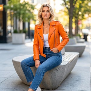 Women's Sheep <b>Leather</b> Motorcycle <b>Jacket</b> with <b>Long</b> Sleeves and Zipper Breathable Eco-Friendly Quilted Design Silk Lining Finished - Product Image 4