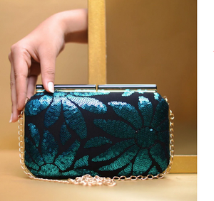 Luxury Black Blue Sequin Clutch <b>Dual</b> Side Design with Raw Silk Inner Designer Clasp and Long Sling Chain - Product Image 1