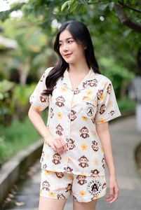 Womens monkey print pajama top short sleeve button up in soft studio <b>lighting</b> for sleepwear - Product Image 5