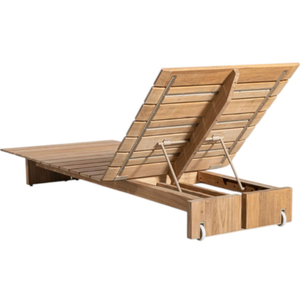 Chaise longue en teck massif avec dossier réglable, surface à lattes, roues arrière et plateau latéral pliable - Product Image 4