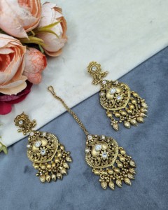 Handcrafted Leaf Pattern Pearl Fringe Drop <b>Gold</b> Plated Earrings & Mangtika Combo <b>Set</b> For Women Traditional Ethnic Wear <b>Jewellery</b> - Product Image 1