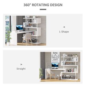 Scrivania da Ufficio a 5 Ripiani a Forma di L con Design Girevole a 360 Gradi, Mensole Espositive in MDF e Acciaio Inossidabile, Materiale Bianco-PC - Product Image 6