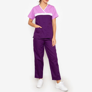 Conjunto de uniforme médico para mujer, color morado y rosa, top con cuello en V y pantalones, uniforme de hospital, tela de poliéster tejida - Product Image 2