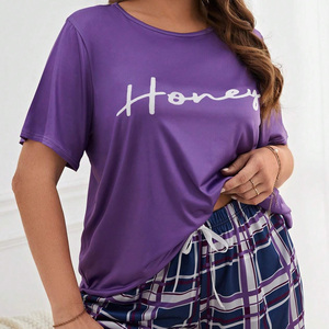 Conjunto de pijama morado de manga corta para mujer con pantalones cortos a cuadros, ropa de dormir informal de algodón tejido, cuello redondo, cintura elástica, para verano - Product Image 1