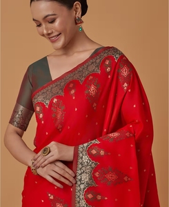 KV <b>Red</b> Banarasi Silk Woven Saree With Unstitched <b>Blouse</b> - Product Image 2