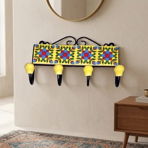 Vintage Floral Tile Wall <b>Coat</b> <b>Hook</b> With 4 Yellow <b>Hooks</b> Metal Handmade <b>Decorative</b> Rack For Clothing Storage - Product Image 1