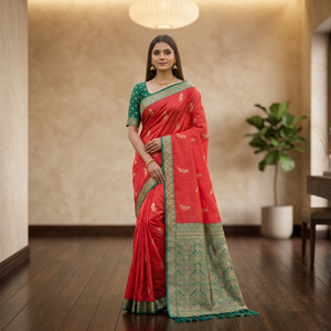 <b>Red</b> Banarasi Silk <b>Saree</b> With Green Border And Weaving Work For Wedding Wear Women Traditional Indian Style - Product Image 4
