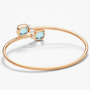 Open Bypass <b>Cushion</b> <b>Blue</b> Topaz Bangle 18K Rose <b>Gold</b> Lab Grown Diamond Collar Accent - Product Image 2