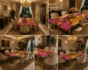 Table à manger en bois à bord naturel, table de salle à manger en bois de rivière rose, table de salle à manger de luxe faite à la main pour la décoration intérieure moderne - Product Image 5