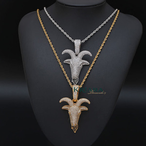 Pendentif tête de chèvre en argent 925 plaqué or avec cristaux en strass, bijoux unisexes hip-hop - Product Image 1