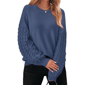 Custom Slate Blue <b>Women</b> Oversized <b>Sweaters</b> Comfortable <b>Cable</b> <b>Knit</b> Balloon Sleeve Breathable Acrylic Crewneck Jumpers - Product Image 3