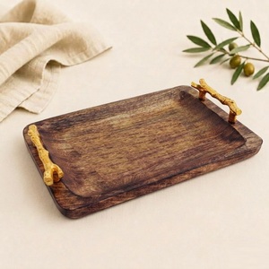 Luxury Handcrafted Mango Wood Serving Tray With Gold Branch Handles Premium <b>Rustic</b> Decorative Rectangular Platter For <b>Coffee</b> Use - Product Image 4