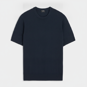 T-shirt à manches courtes pour homme, bleu marine, col rond, coupe classique, en coton tricoté, vêtements décontractés - Product Image 1