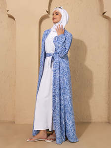 Women's Blue Paisley Print Abaya Floor Length Loose Fit Long Sleeve Modest Daily Wear Middle East Style Polyester Summer <b>Dress</b> - Product Image 2
