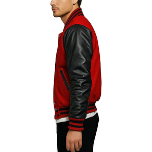 Veste universitaire personnalisée pour homme en gros, corps en laine rouge, manches en cuir PU noir, coupe ajustée, style bomber décontracté, manteau de baseball - Product Image 4