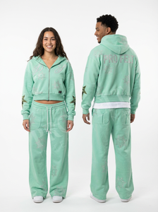 Ensembles deux pièces de qualité supérieure avec logo personnalisé, ornés de strass : sweats à capuche et pantalons évasés - Product Image 2