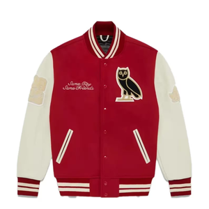 Chaqueta Varsity Roja para Hombre con Parche Bordado de Búho, Estilo Preppy, Corte Regular, para Otoño - Product Image 1
