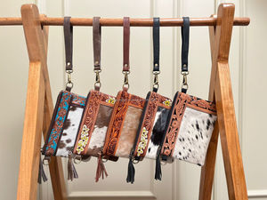 Turquoise Hand Tooled Leather Cowhide Mini <b>Crossbody</b> <b>Bag</b> <b>for</b> <b>Women</b> Wristlet Mobile Purse Custom Branded Western Leather Handbag - Product Image 3