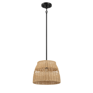 Lampadario a sospensione singolo in stile rustico con paralume in rattan e finitura in metallo nero - Essenza Lampadari e Luci a Sospensione - Product Image 1