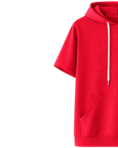 Haut à capuche rouge personnalisé à manches courtes pour homme, pull décontracté à capuche, t-shirt léger d'été, style streetwear, en mélange de coton avec poches - Product Image 4
