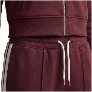 Women's <b>Maroon</b> Tracksuit Set Full Zip Jacket With White Stripes And Matching Pants Casual Autumn Wear Solid Color Design - Product Image 5